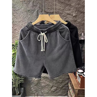 Men's Retro Washed Distressed Short Pants, 2025 Summer New Style Casual Drawstring Elastic Waist Sports Shorts With Pockets