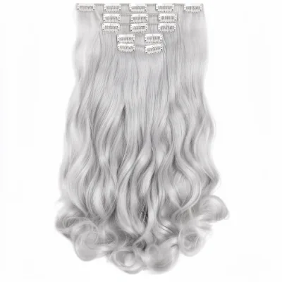 HSPJHTM White Silver Dyed High Temperature Fiber Synthetic Clip-in Hair Extensions 18" Wavy 5PCS Women Halloween Full Head Thick