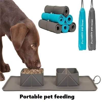 Pet Bowl Silicone Foldable Double Bowl Non-Slip Dog Cat Feeding Bowl With Carry Pouch Outdoor Travel Food Grade