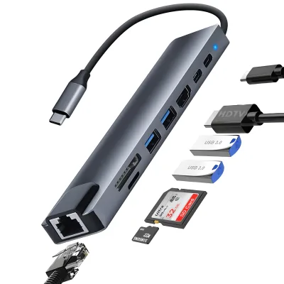 8 in 1 USB C Hub 100W PD 4K SD TF Card Reader Type-C Docking Station for MacBook Pro iPad Surface Laptop