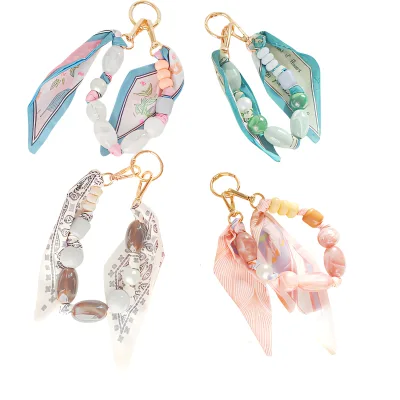 Ribbon Scarf Beaded Keychain Wrist Strap, Luxury Acrylic Bead Bag Charm, Portable Phone Lanyard Women Fashion Jewelry Accessory