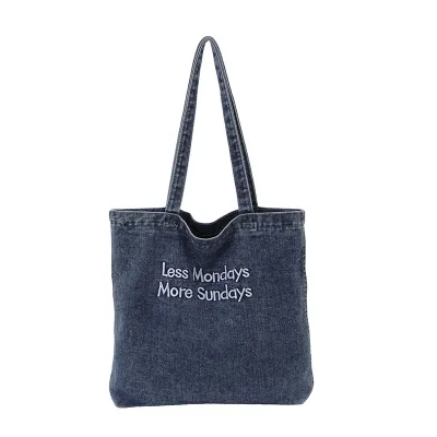 Retro Denim Tote Bag 2026 Summer New Arrival Zipper Soft Embroidered Letter Shoulder Bag Large Capacity Under-Arm Handbag Women