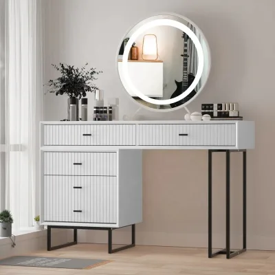 Stylish Fluted Bedroom Furniture Wholesale Customized Makeup Vanity with Soft-close Drawers Lighted Mirror Vanity Combo