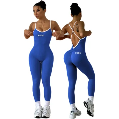 Breathable Lightweight Yoga Jumpsuit Ribbed Tight Fitness Sleeveless Sling V Cut Backless Bodysuit Design Color Contrast