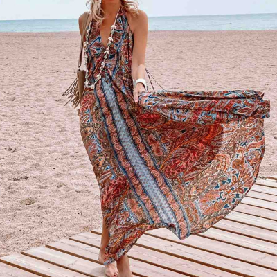 2023 Retro One Pieces Bohemian Dress for Sexy Girl V-Neck Vocation Wear Print Romantic Halter Maxi Dresses Backless Casual Wear