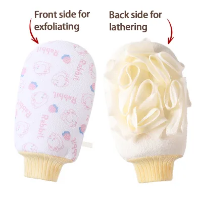 Wholesale Cute Rabbit Bath Mitt Double Sided Exfoliating Shower Accessory with Mesh Pouf Elastic Wrist for Bathroom 3 Styles