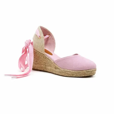 OEM Custom Logo Women's Ribbon Tie Espadrille Wedges Lace-Up Ankle Bow Canvas Jute Platform Sandals Summer Garden Party Heels