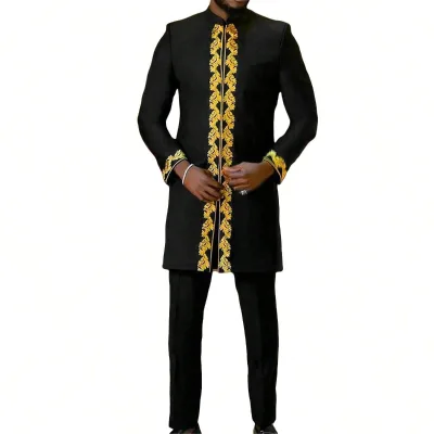 New Cross-Border Men's Long-Sleeved Embroidery 2-Piece Set Polyester African Ethnic Style Kaftan Dashiki for Summer Holidays