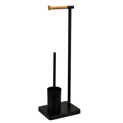 Eco Friendly Black Stainless Steel Bamboo Toilet Paper Tissue Roll Holder and Toilet Brush