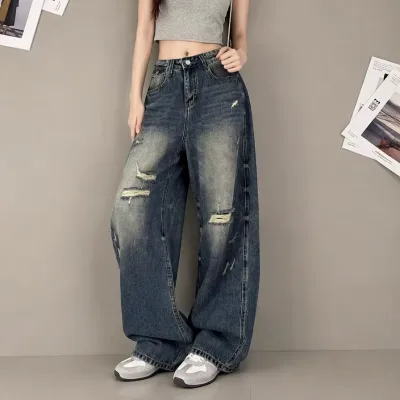 Wholesale Y2K Destroyed Banana Barrel Jeans Ladies High Waist Loose Curved Blade Wide Leg Denim Trousers Autumn Winter OEM