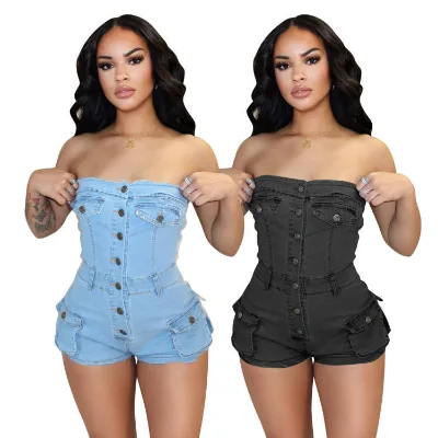 Off Shoulder 2024 Casual Rompers Shorts Summer Sleeveless Strapless Street Custom Sexy Denim Women Jeans Jumpsuit for Ladies
