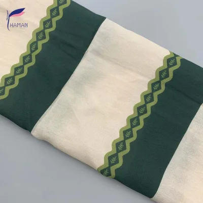 100% Viscose Woven Green Wave Border Print Satin Fabric Lightweight Breathable for Women Dresses Skirts