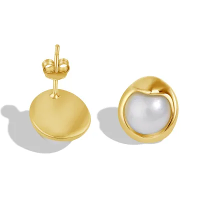 Fashion Elegant S925 Sterling Pure Silver 18K Gold Plated Big Pearl Stud Earrings for Women Ladies Party Jewelry
