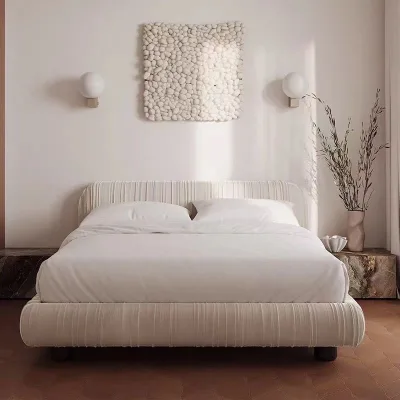 Cream King Size Upholstered Bed with Pleated Ribbed Ruched Headboard Cloud Puffy Bed Frame Off-white Low Profile for Bedroom
