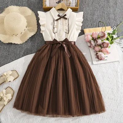 2026 Spring and Summer Short-Sleeve Waist-Cinched Spliced Mesh Dress for Casual Floral Lace for Birthday Parties for Children