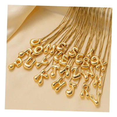 Copper Plated 18k Real Gold Glossy Balloon Bubble Chubby Cute Q Version 26 English Letters Pendant Necklace