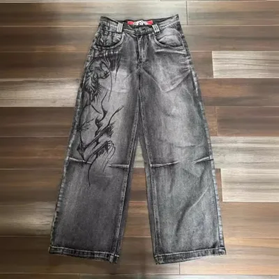 Men's Vintage Straight Mid Waist Jeans Heavyweight Solid Pattern Cargo Pants Digital Print Breathable Washed Denim for Autumn