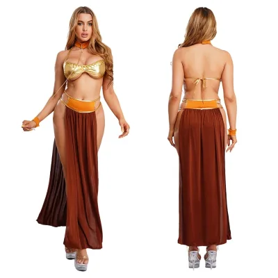 Womens Arabian Princess Lingerie Costume Maxi Skirt Metallic Bra And Chain Linked Choker Belly Dancewear Themed Dating Night