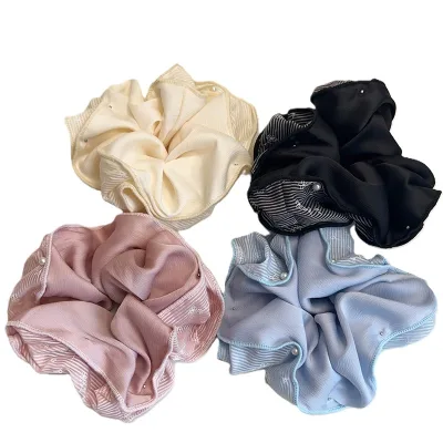 Satin Crinkled Fabric Scrunchies Inlaid Pearl Large Hair Ties Elegant Soft Silk Hair Scrunchies for Women Daily Hair Accessories