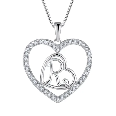 Wholesale 925 Sterling Silver Platinum Plated Double Heart Custom Letter A-Z Necklace With Crystal Heart Pendant Necklace