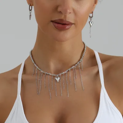 Heart Tassel Beaded Choker Necklace Earring Set Silver Metal Dangle Earrings Women Trend Daily Party Jewelry Accessories