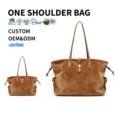 Women Practical Factory Price Suede Fabric Side Pockets Drawstring Closure Metal Accent Double Handles Custom OEM ODM