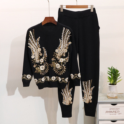 Autumn Winter New Sequin Beaded Trousers Long Sleeved Sweater 2 Piece Set Casual Sweater Set for Women