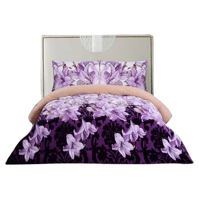 Microfiber Print Purple Flower Blanket 3pc Set Super Soft &Warm Sherpa/Borrego Heavy Winter Comforter King Size