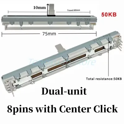 ALPS 75MM Slide Potentiometer 50KB 8Pins Double Unit With Center Detent Mixer Volume Pusher RS6011 Fader Handle Length 10mm