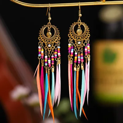 Bohemia Bead Earrings, Feather Tassel Gold Boho Ethnic Retro Bohemian Dangle Earring Bead Women Jewelry for Birthday Party Gifts