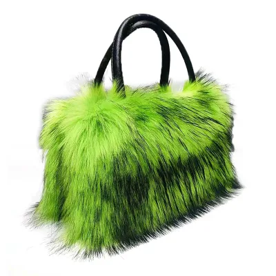 Faux Raccoon Fur Plush Casual Tote Bag with PU Lining Zipper Closure Two Handles and Large Capacity