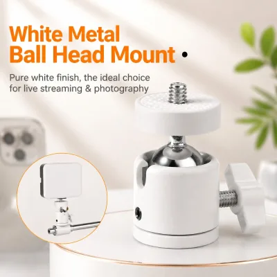 White Metal Mini Ball Head 1/4 Inch Screw Camera Tripod Mount Swivel Ball Joint Adapter for Live Streaming LED Video Light