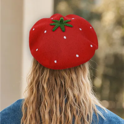 2025 Women's Cute Red Wool Berets Wholesale Strawberries Fruit Beret Hats for Spring and Winter Character Pattern Type
