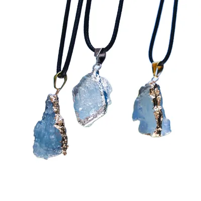 Wholesale Classic Style Healing Natural Crystal Raw Aquamarine Pendant Necklace Link Chain with Ball Shape for Gift Souvenir
