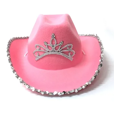 Sequin Brim Western Pink Cowboy Hat with Blinking Crown Tiara Design