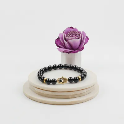 Wholesale Natural Onyx Gemstone Gold Devil Eye Hamsa Bracelet Vintage Religious Classic Bangle Bead Jewelry Gift