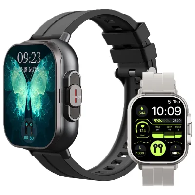 Smart Watch Earphones Square IP67 Alarm Clock Heart Rate Monitor Answer Calls SMS TFT Display Stainless Steel Band Android