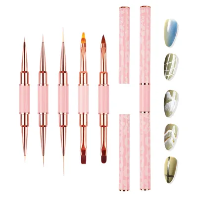 Customized Nail Art Brush Set 5-Piece Metal-Rod Double-Ended Nail Art Pen Set with Light Therapy, Painting, and Carving Pens
