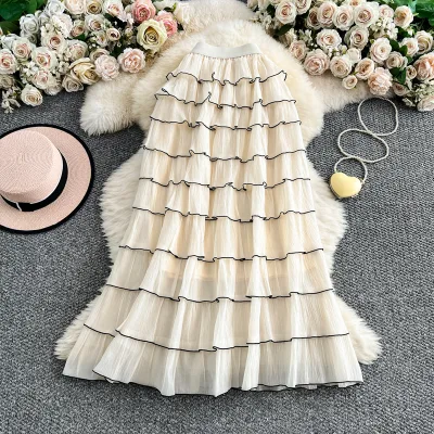 Ruffles mesh skirt women's summer tutu skirt high waistslimming look mid-length cake skirt covering the crotch