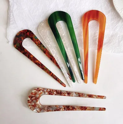 Custom Logo Simple Minimalist Acetate Cellulose Marble Hair Pin Fork/Tortoiseshell U Shape Hair Stick Pin Hairpin/Hair Pick