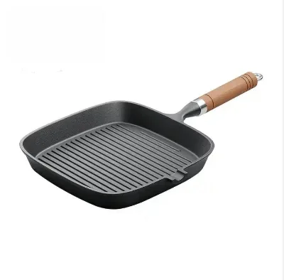 High Quality Wholesale Kitchenware Cast Iron Pan Square Preseasoned Grill Pan Non Stick Square Steak Fry Pan With Wooden Handle