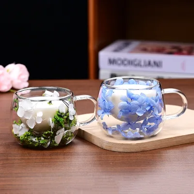 Double-layer High Borosilicate Glass Tea Mug Unisex Wedding Gift Flower Pattern Reusable Transparent Design for Home Office Use