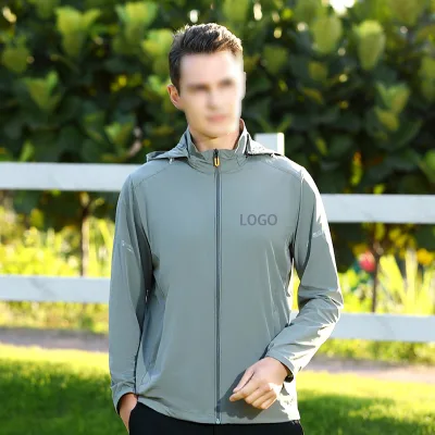 Hot Selling Trendy B2B Custom Mens Silver - White Hooded Sun Protection Jacket with Kangaroo Pocket