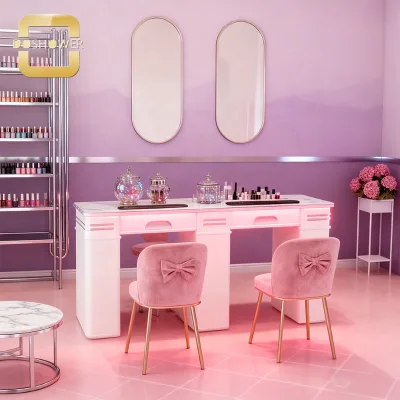 Stylish and practical double nail salon table and chair set with drawers suitable for use in nail and beauty and hair salon