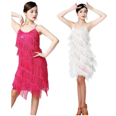 Women Salsa Latin Dance Dress Sequin Tassel Fringe Flapper Dress 1920s Gatsby Cocktail Dress