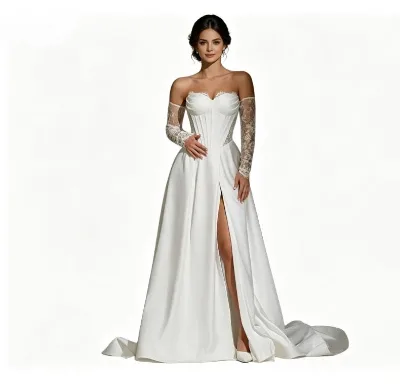 New Boho Beach Satin Pleat Strapless Lace Side Split A-Line Wedding Dress Elegant Sweetheart Sweep Train Bridal Dress Customized