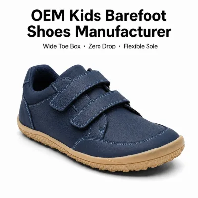 Kids Blue Leather Barefoot School Shoes Round Cap Toe Formal Approved Lightweight Flexible Bulk Order Custom Logo Supplier