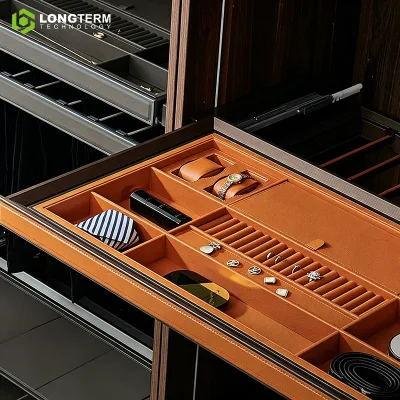 Soft Close Jewelry Drawer Tray - Double Damper Pull Out Leather Organizer with Aluminum Frame, RTS 1pc MOQ for Wardrobe Closet