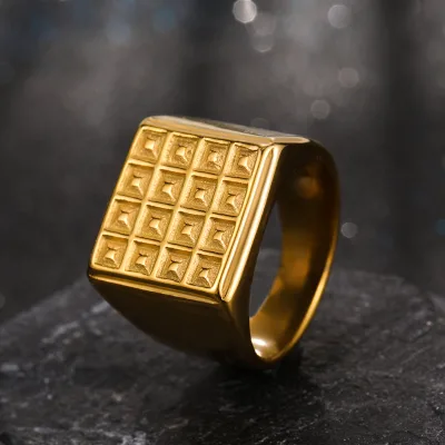 European and American Fashion Explosion Style Stainless Steel Gold-plated Checkerboard Ring Titanium Steel Sealing Ring