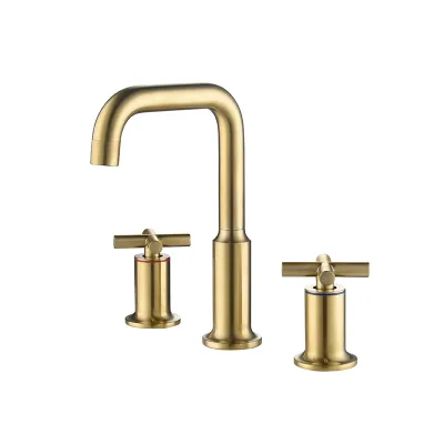 Gold all copper antique facing basin faucet with double handle three hole cross handle washbasin rotatable brushed gold